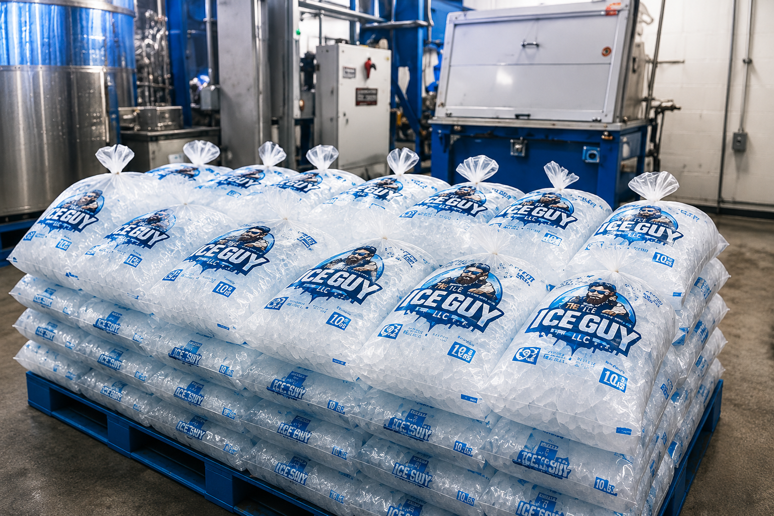 Pallet of branded Ice Guy bagged ice in production facility