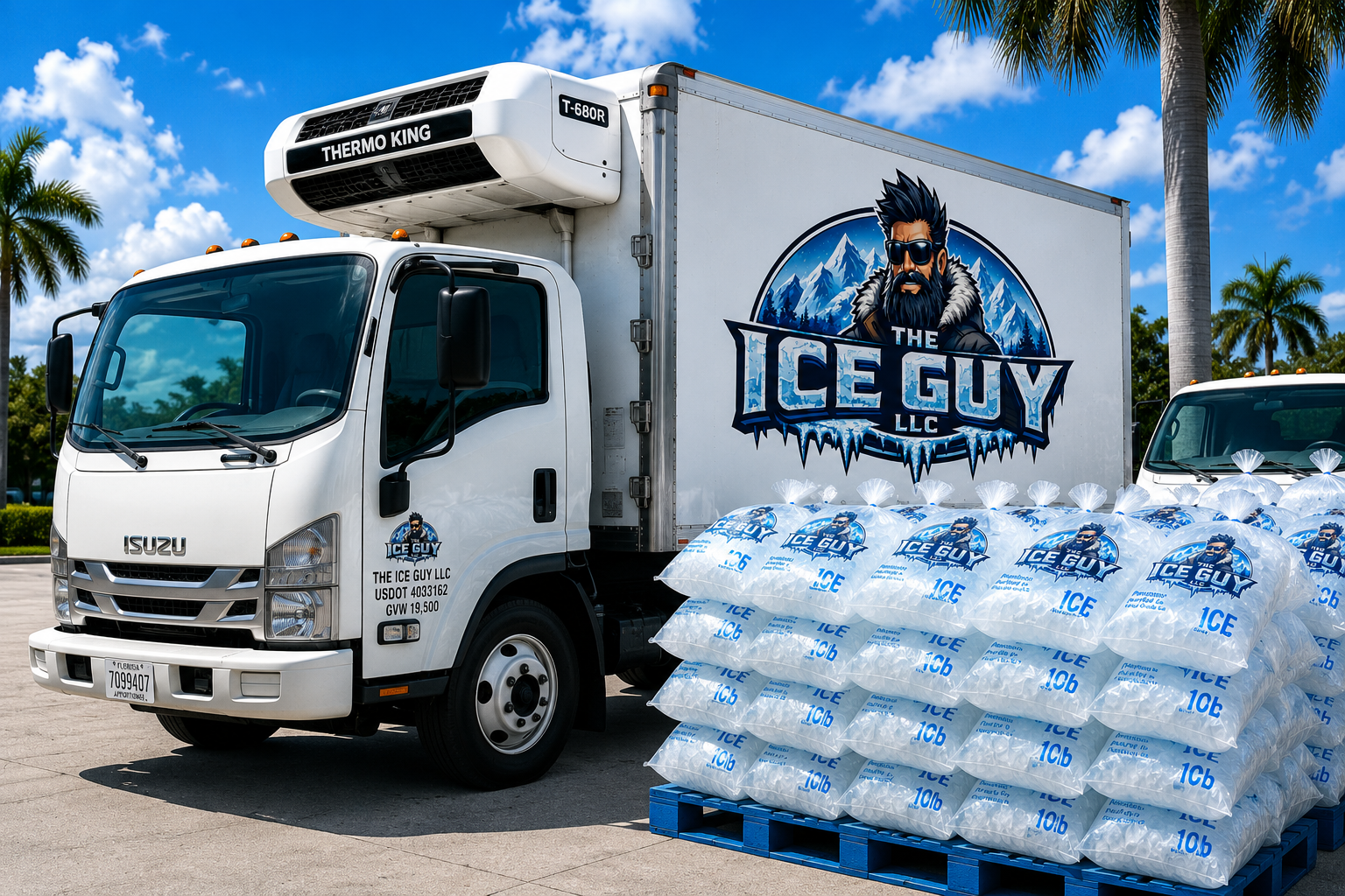 The Ice Guy LLC delivery truck with pallet of bagged ice